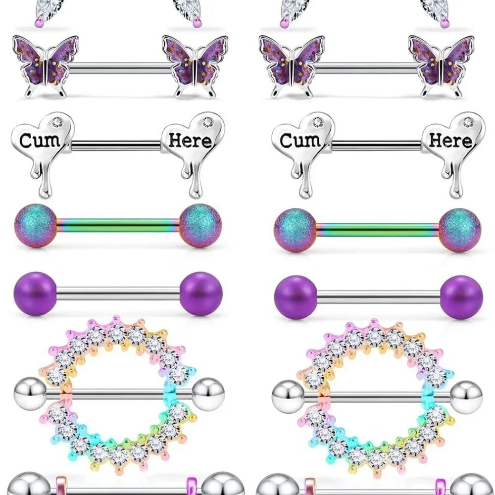 Butterfly Nipple Rings Stainless Steel 14G 14mm Jewelry for Women 7 Pairs